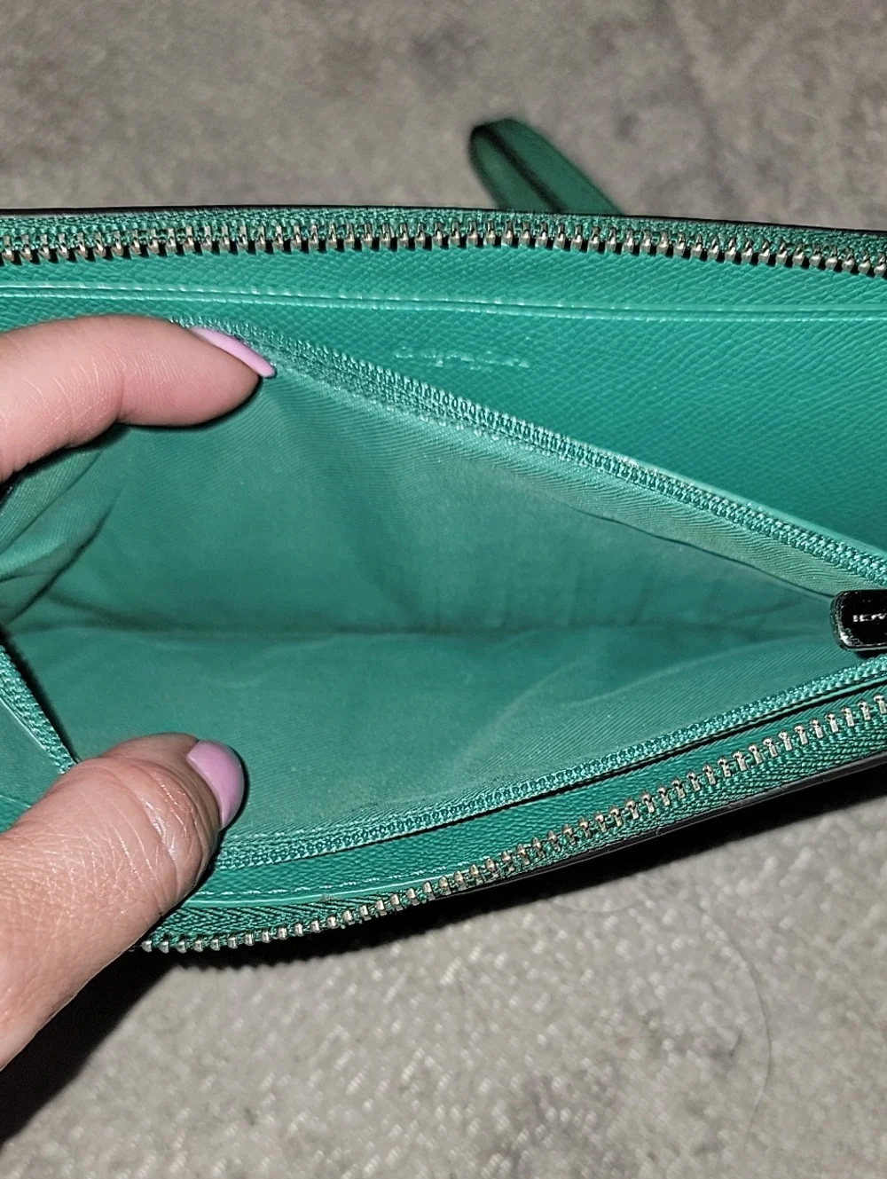 COACH Green Pebble Leather Zip Around Wallet With Wrist Strap